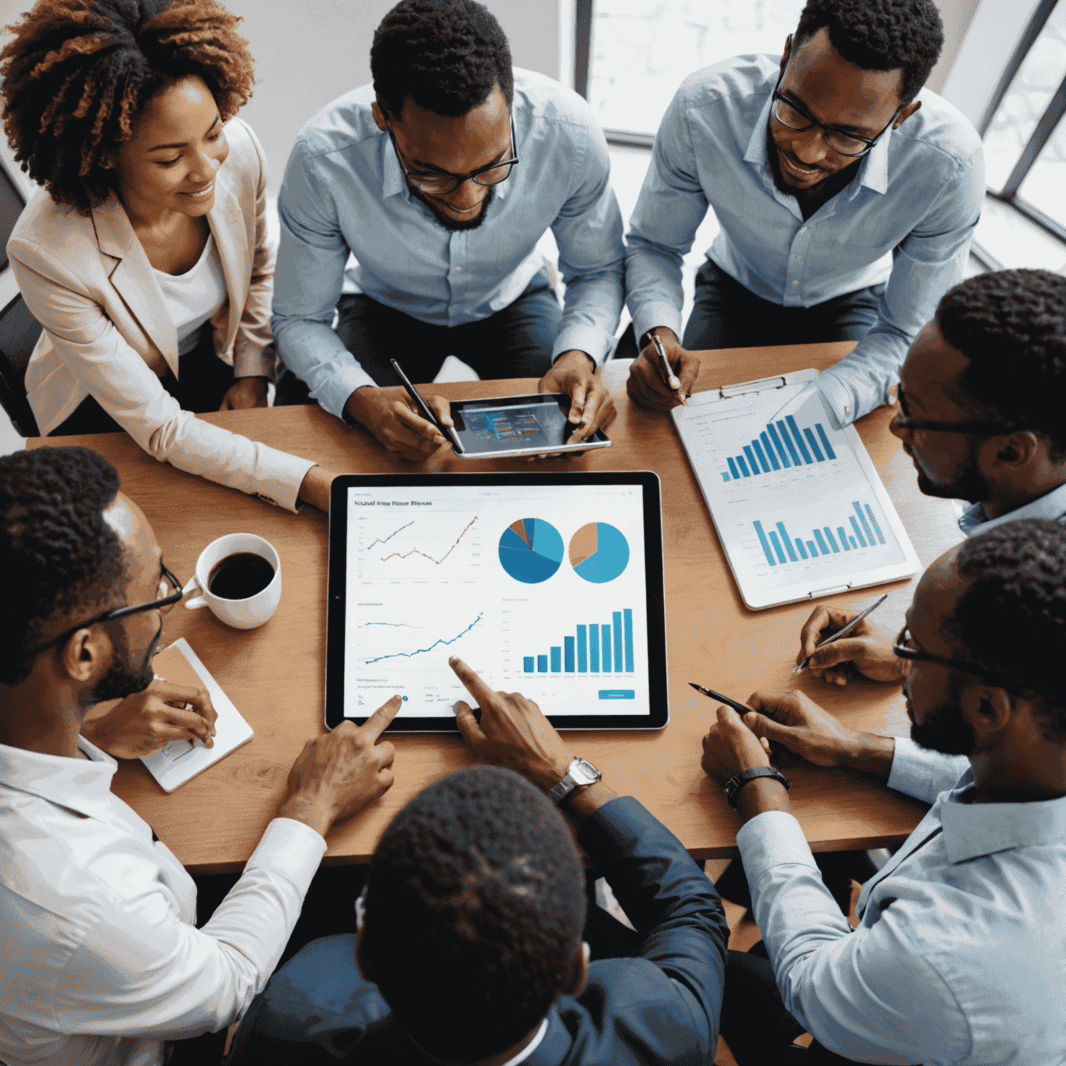 Diverse group of South African professionals discussing financial strategies, pointing at charts and graphs on a digital tablet