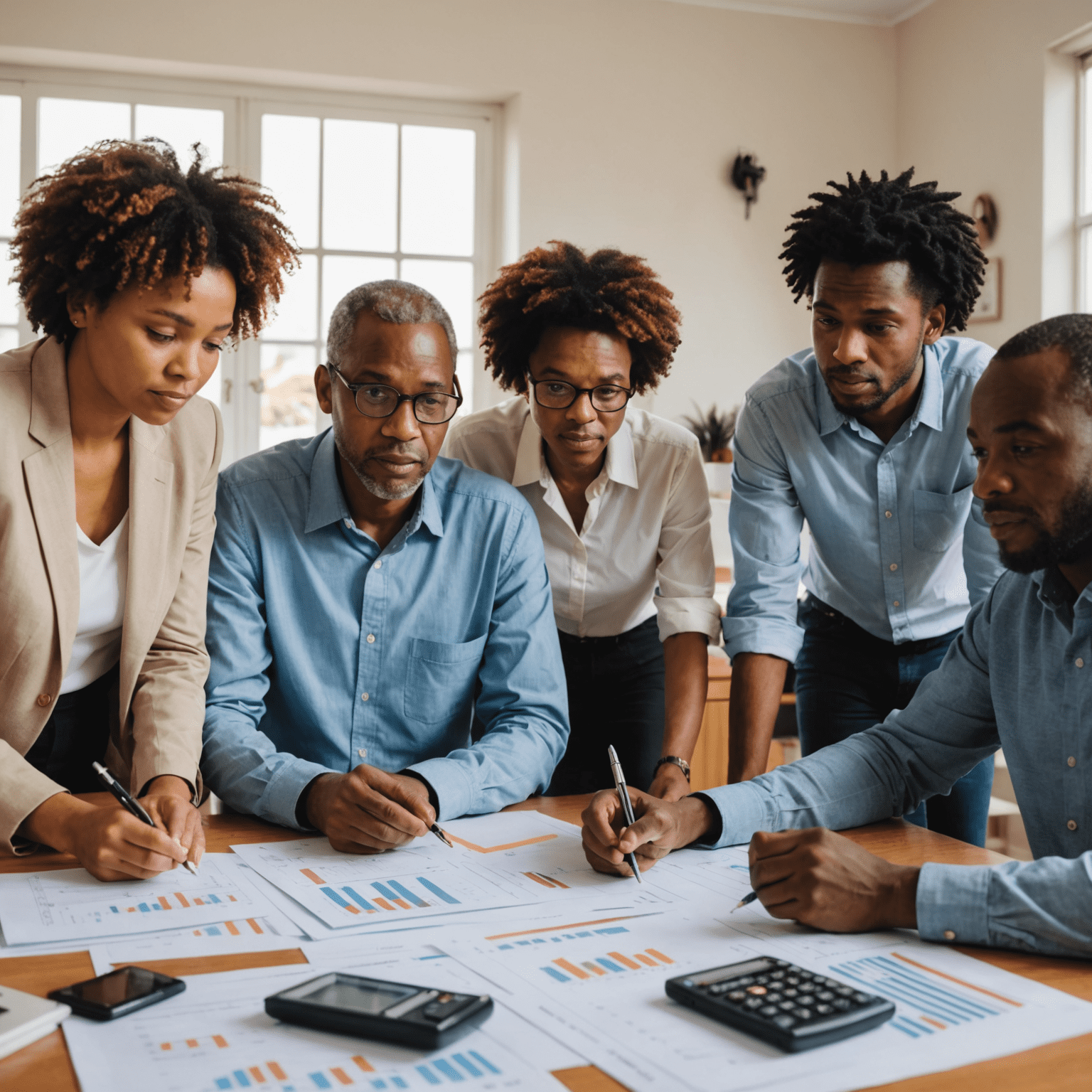 A diverse group of South Africans discussing budget plans around a table, with charts and calculators visible