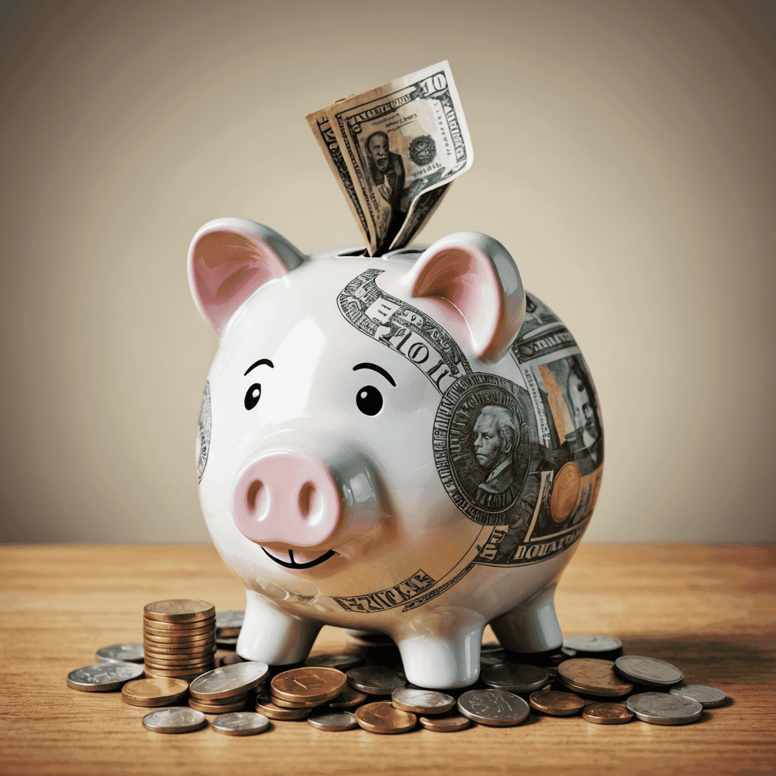 Illustration of a Tax-Free Savings Account piggy bank with South African Rand coins and notes, symbolizing tax-free growth and savings