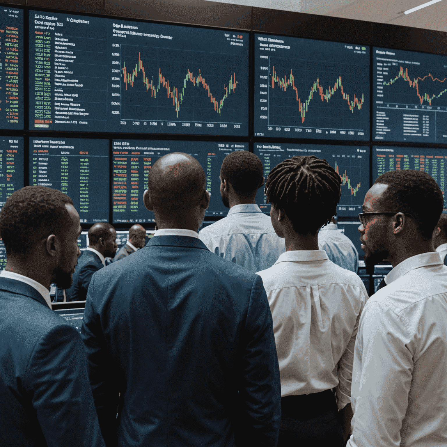 A diverse group of young South African professionals looking at stock market data on a large screen, symbolizing new investors exploring the Johannesburg Stock Exchange