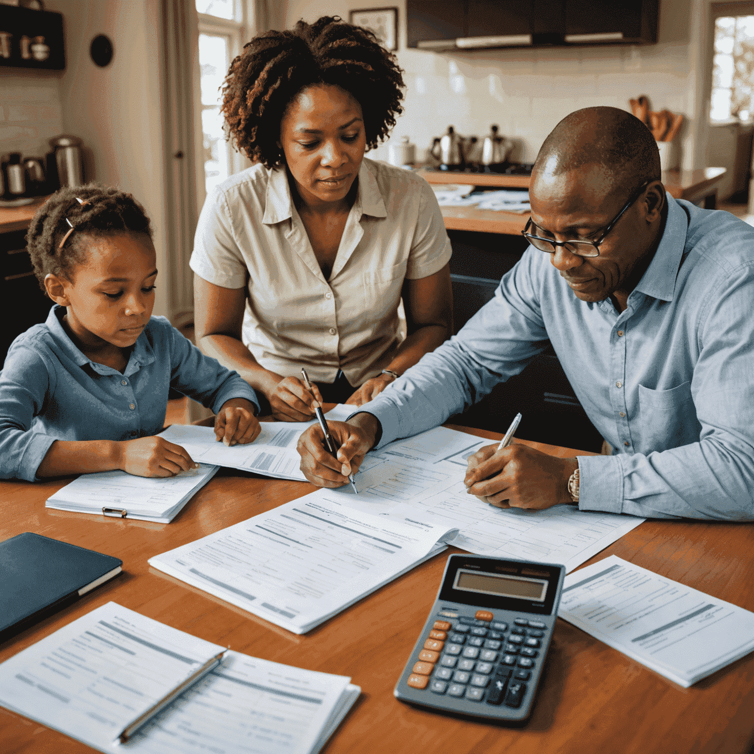 A South African family sitting at a table, reviewing their monthly budget with a calculator and financial documents spread out before them. The image conveys a sense of financial planning and collaboration.