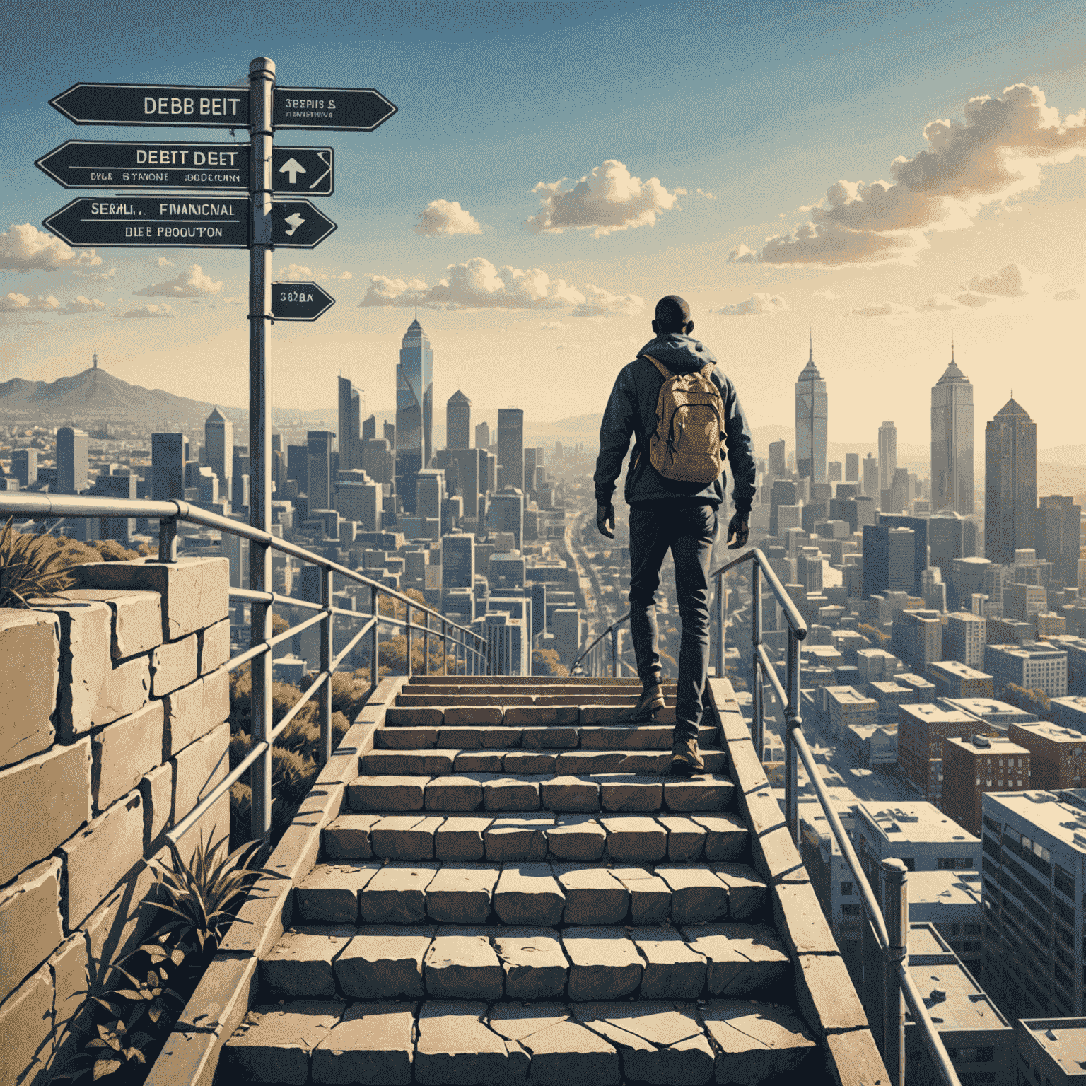 Illustration of a person climbing steps labeled with debt reduction milestones, symbolizing the journey to financial freedom. The background shows a South African cityscape, representing the local context of the debt management journey.