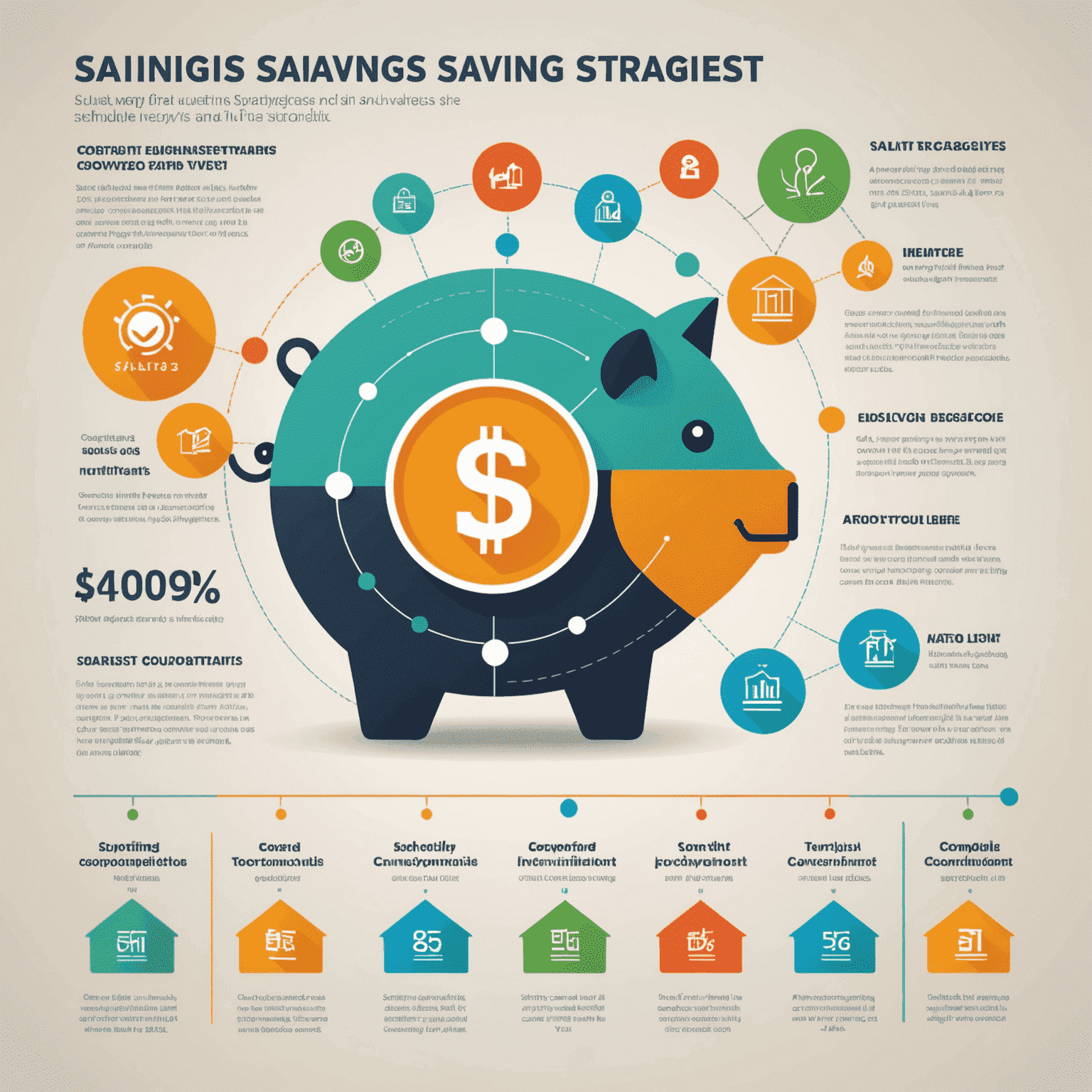 Infographic showing various savings strategies and their potential growth over time, featuring icons representing different savings accounts and a graph demonstrating compound interest