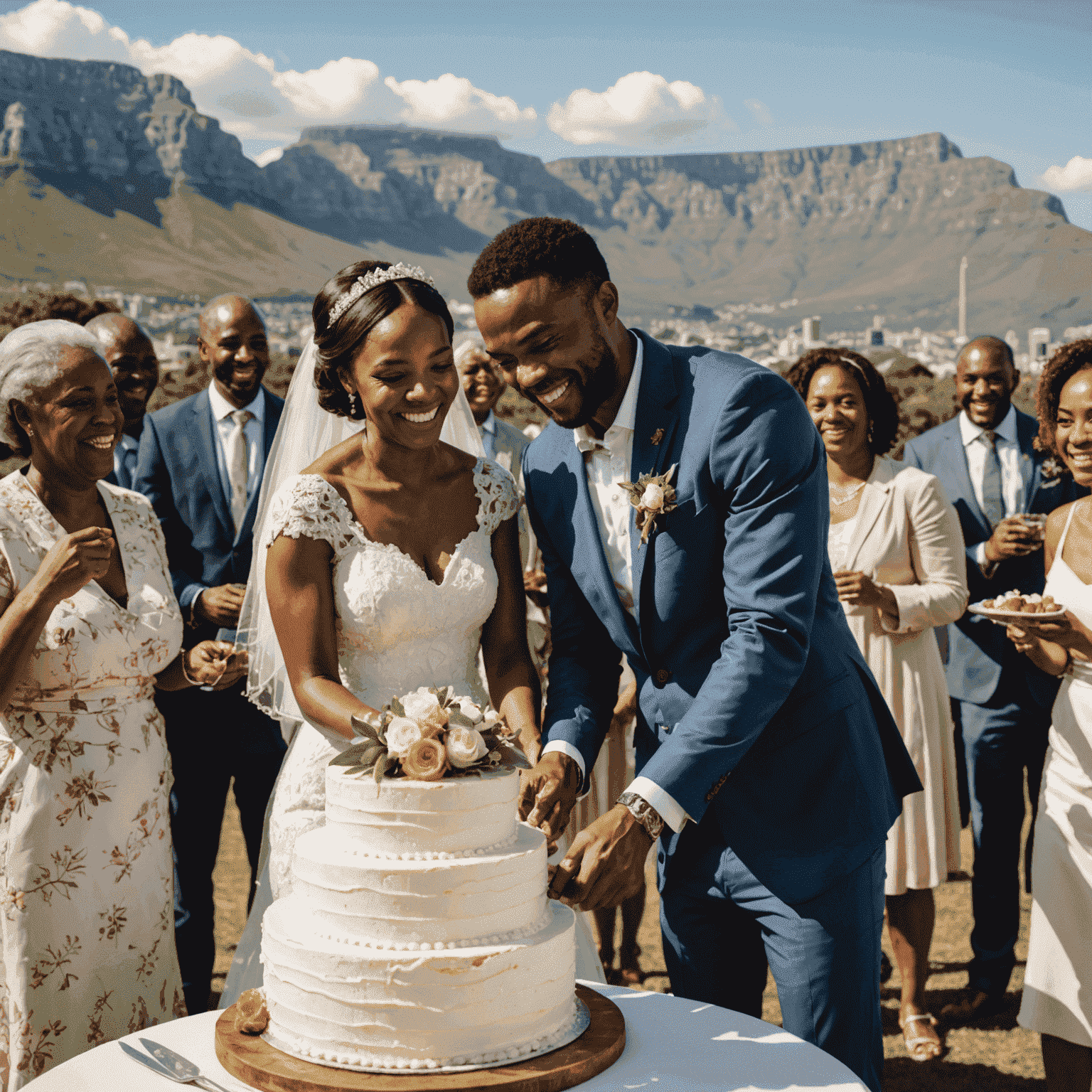 A happy South African couple cutting their wedding cake, surrounded by friends and family in a beautiful outdoor setting with Table Mountain in the background
