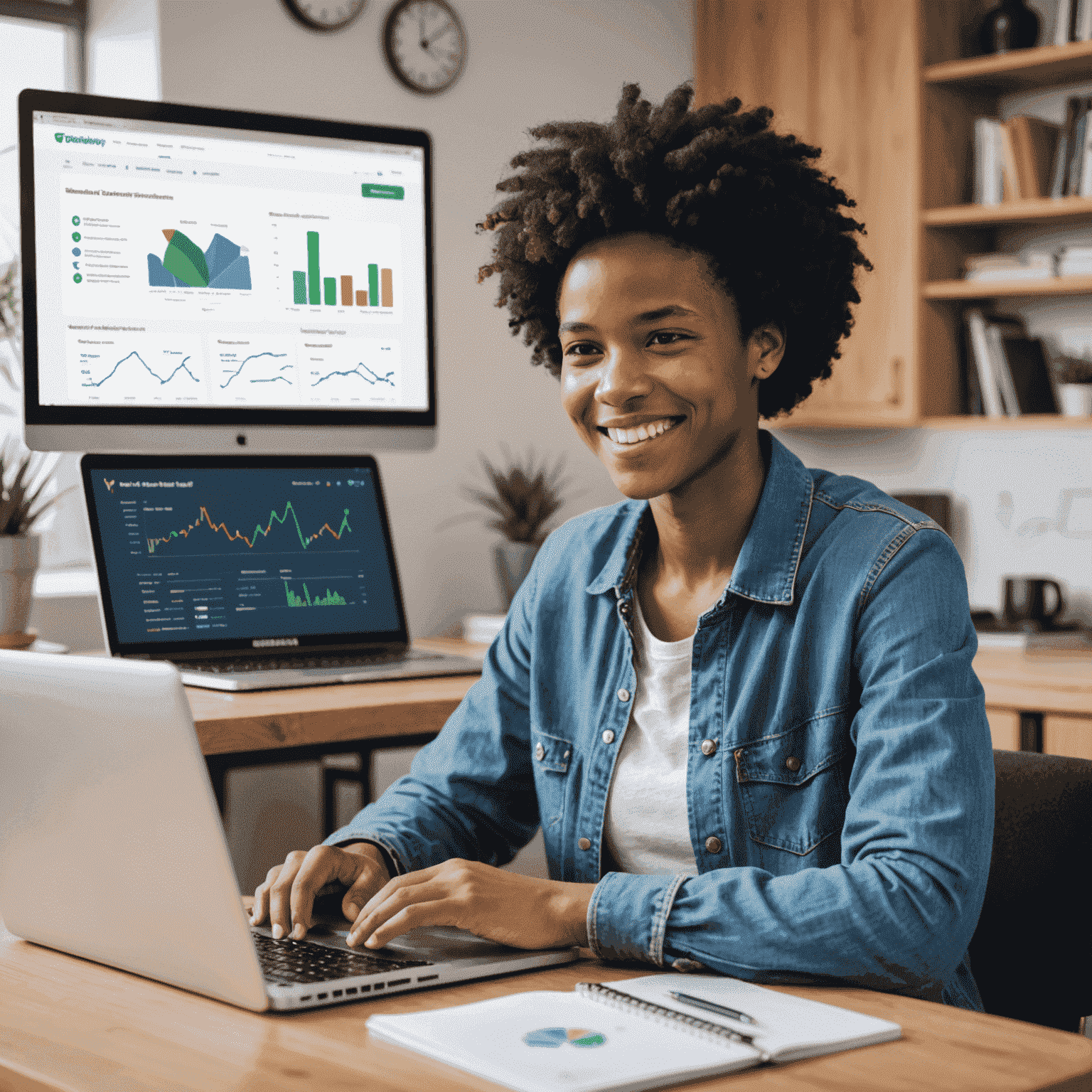 Smiling South African student using a laptop to access FinGrow's online financial education platform, with graphs and financial icons floating around the screen