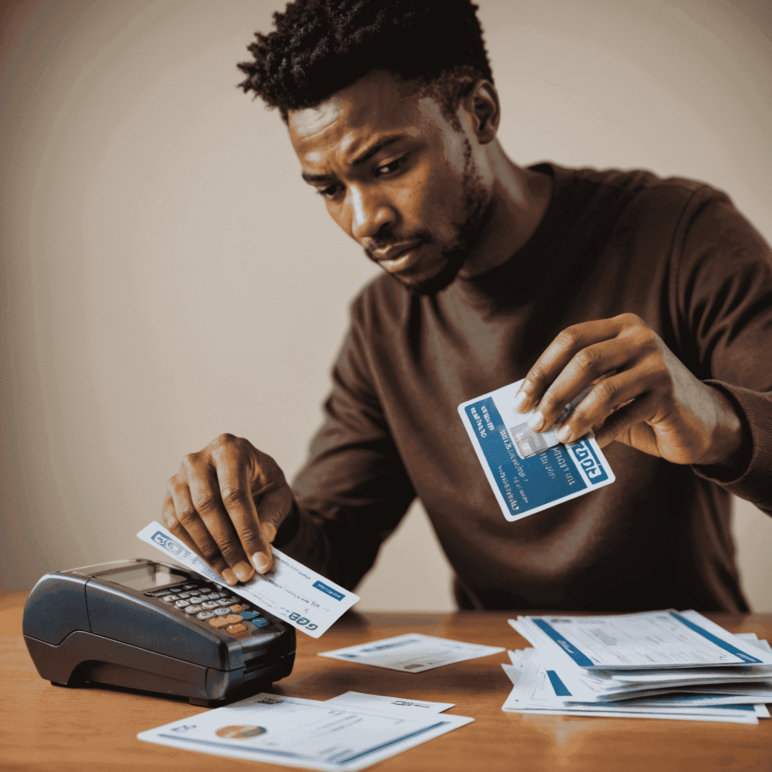 A person confidently shredding credit card bills, symbolizing debt reduction. In the background, a chart shows a decreasing debt trend, illustrating effective debt management strategies in the South African context.