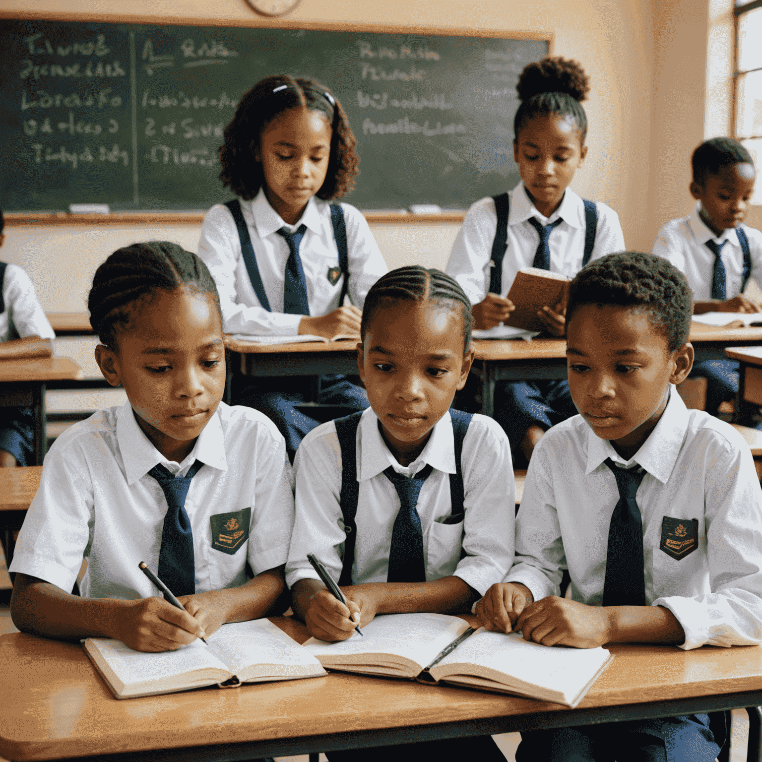 A diverse group of South African children in school uniforms, studying together in a modern classroom with tablets and textbooks