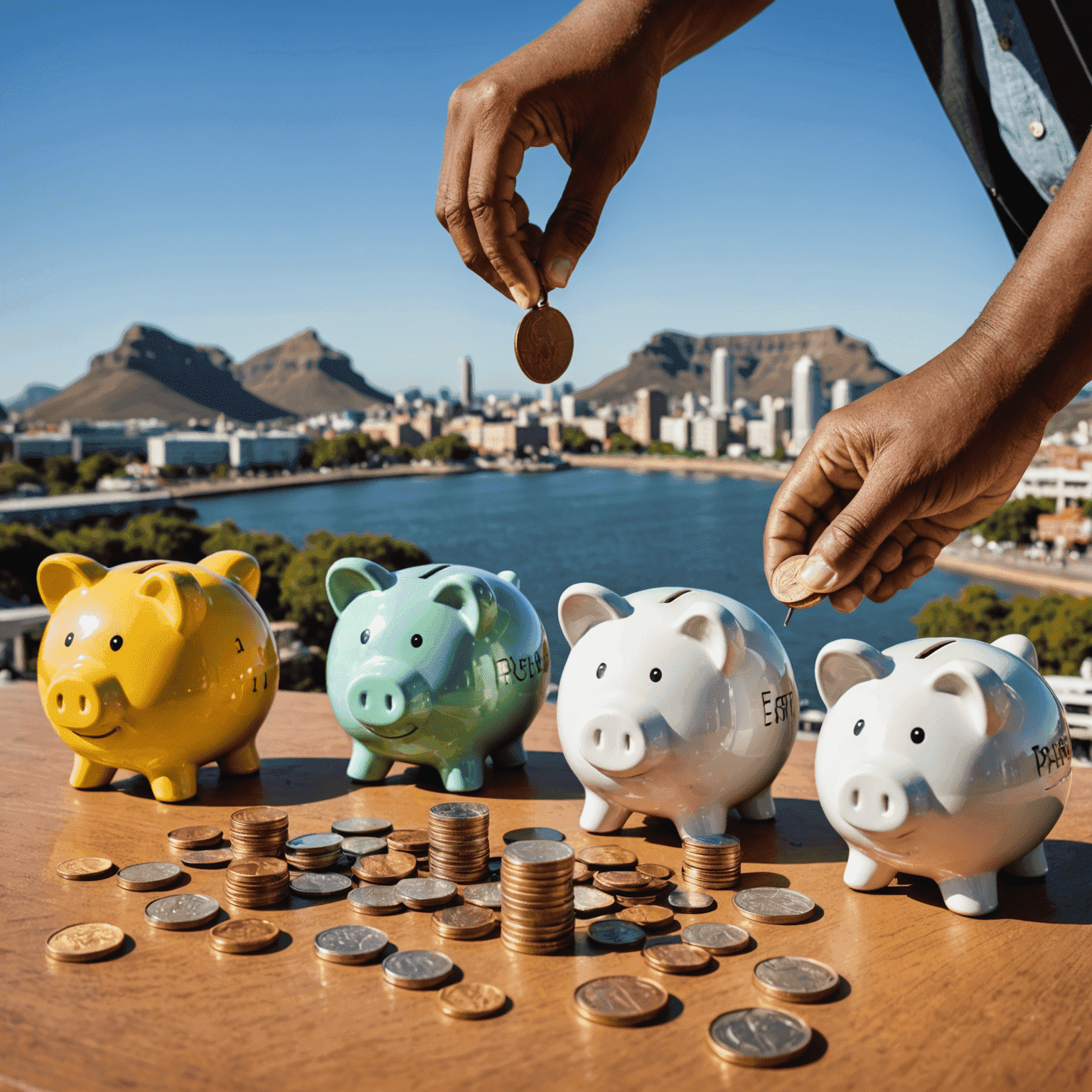 A diverse group of South Africans placing coins into various piggy banks, each labeled with different savings goals such as 'Emergency Fund', 'Education', and 'Retirement'. The background shows iconic South African landmarks, emphasizing local context.