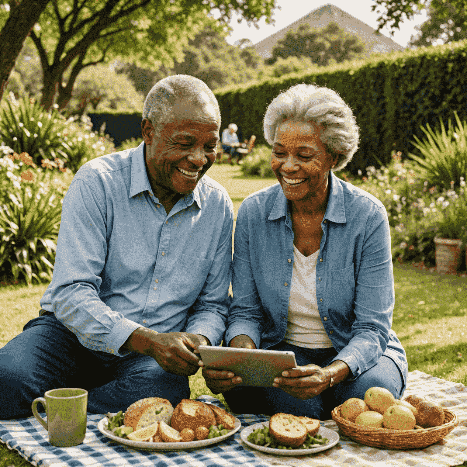 A smiling retired South African couple enjoying a picnic in a lush garden, with a financial planner showing them a tablet with retirement projections