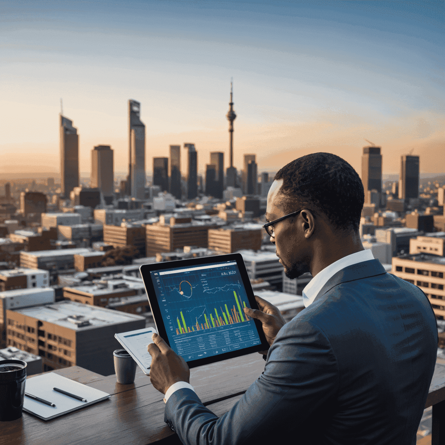 A South African investor studying a tablet displaying various investment options like JSE stocks, ETFs, and unit trusts. The background shows a skyline of Johannesburg, representing the South African financial market.
