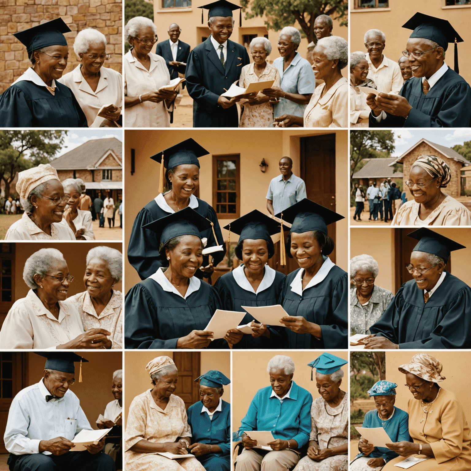 A collage showing various life events in South Africa: a traditional wedding ceremony, a graduation cap, a family home, and senior citizens enjoying retirement. Each image is connected by a golden thread, symbolizing financial planning throughout life stages.